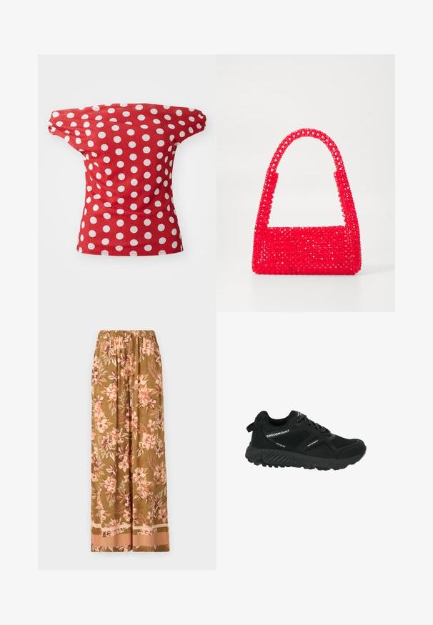 Haut rouge à manches courtes avec un design décolleté, orné de pois blancs. Fabriqué dans un tissu lisse avec une coupe ajustée.; Pantalons larges à fleurs en vert olive avec des motifs de fleurs roses et crème. Présentent une taille élastique et un ourlet contrasté.; Chaussure de randonnée noire imperméable avec des panneaux en maille, une semelle texturée, un bout rond et des lacets réfléchissants. Présente un logo et une languette au talon.; Sac à main rouge en plastique perlé, avec une base carrée et une poignée incurvée. La surface présente une finition texturée et brillante avec un motif de perles.