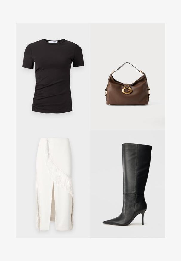 Črna kratka majica s kratkimi rokavi, izdelana iz mehkega blaga, z okroglim izrezom in nagubanjem na levi strani za subtilno teksturo.; Bela svila krila z resicami na eni strani, z sprednjim razporkom, izdelana iz gladkega blaga z strukturirano obliko.; Črne usnjene škornje do kolen s koničastim nosom in ozkim stiletto peto, gladka tekstura, stranski profil na nevtralni ozadju.; Rjavo usnjeno ročna torbica z teksturirano površino, ki ima zlato toniran zaklep in en sam, ukrivljen naramnico.