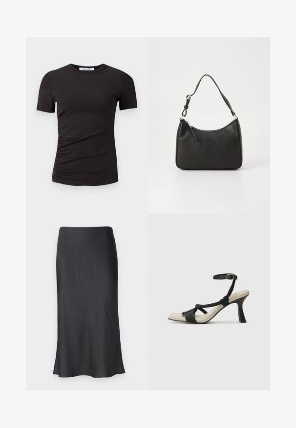 Svart kortärmad t-shirt i mjukt tyg, med rund halsringning och samlad detalj på vänster sida för en subtil textur.; Svart satinmidja kjol med rak skärning och subtil lyster. Har en mjuk textur och en knälång design, med en lätt utvidgning vid fållen.; Svart klacksandaler med flätad remdesign, fyrkantig tå och justerbar vristrem. Ljusbeige fotbädd med glansig svart klack.; Svart läderhandväska med en böjd form, en enda rem, dragkedjestängning och subtil märkning på framsidan. Slät yta, minimalistisk design.