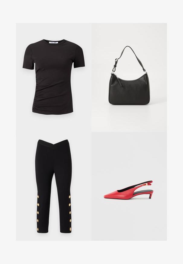 Fekete, rövid ujjú póló, puha anyagból készült, kerek nyakkivágással és bal oldalon ráncolt részletekkel a diszkrét textúra érdekében.; Fekete capri nadrág, amely testhez álló fazonnal rendelkezik, bordázott derékpánttal és arany gombdíszítéssel a lábak külső oldalán.; Piros bőrszíjas magassarkú cipők hegyes orral, kis sarkú kivitelben, csattal díszített pánttal. Simább textúrájú.; Fekete bőrtáska ívelt formával, egyetlen pánttal, cipzáras záródással és diszkrét logóval az elején. Simább textúra, minimalista dizájn.