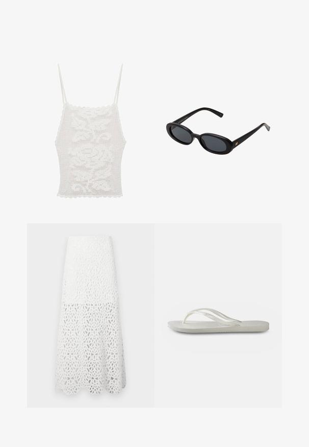 Top in cotone bianco all'uncinetto con bordi scallop e spalline sottili, decorato con un motivo floreale, realizzato in un materiale testurizzato simile a pizzo.; Maje JOZIMALO - Gonna lunga - ecru; Infradito bianchi con suola testurizzata, caratterizzate da cinghie sottili e design piatto. Realizzate in gomma con un logo sottile sulla soletta.; Occhiali da sole neri oversize con lenti ovali, montatura in plastica liscia e accenti dorati sulle tempie. Le lenti scure offrono protezione dal sole.