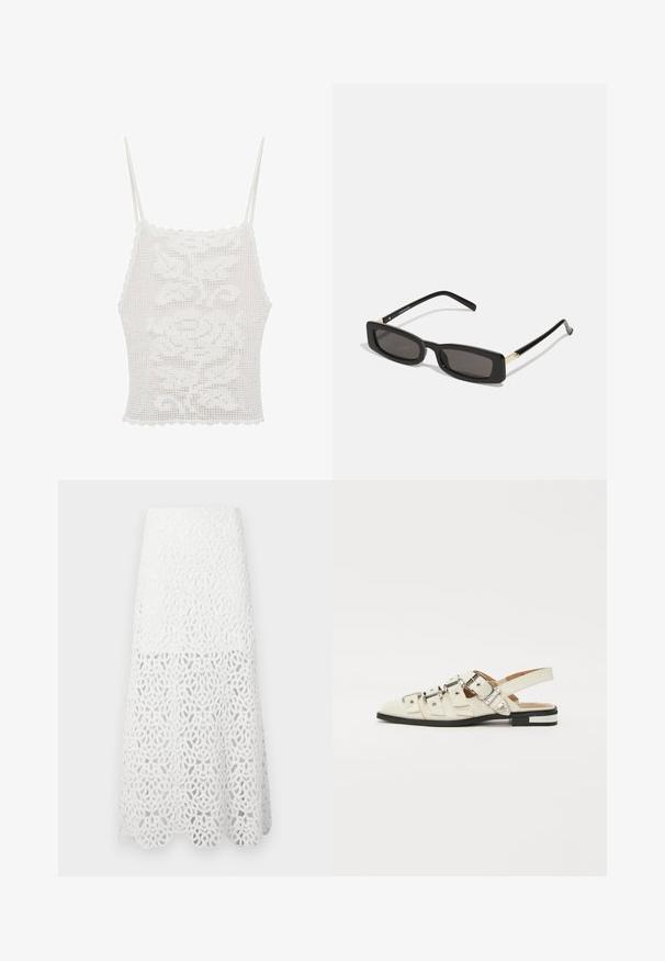 White crochet tank top with scalloped edges and thin straps, featuring a floral pattern, made of textured lace-like material.; Maje JOZIMALO - Maxi skirt - ecru; Slingback sandals in white leather with multiple wide straps and silver buckles; flat sole with a small black heel and metallic accents.; Black rectangular sunglasses with dark lenses, glossy plastic frames, and gold accents on the temples. Minimalist design and sleek shape.