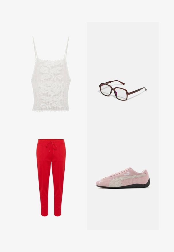 Biele háčkované top s vlnitými okrajmi a tenkými ramienkami, so vzorom kvetov, vyrobené z textúrovanej čipky.; Červené jogger nohavice vyrobené z mäkkého materiálu, s elastickým pásom na šnúrku a zúženým strihom nohavíc. Hladká textúra bez vzorov alebo akcentov.; Ružové semišové tenisky s šedými akcentmi, štíhly dizajn, textúrovaný zvršok a čierna gumová podošva. Na boku sa nachádza logo Puma.; Hnedé, obdĺžnikové dioptrické okuliare s priehľadnými šošovkami a fialovými odtieňmi. Hladký plastový rám so zásadnými nožičkami a jemnými akcentmi.; Červená kožená kabelka s kvetinovým aplikačným dizajnom, zaobleným tvarom a krátkym uchom. Strieborné kovanie a nápis značky "Desigual" sú výrazne zobrazené.; Zlaté kruhové náušnice s lešteným povrchom, so silným, zakriveným dizajnom. Jednoduchý a moderný siluet bez ďalších ozdôb.