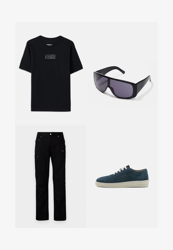 Camiseta de algodón negra con mangas cortas y cuello redondo. Presenta una impresión numérica blanca con un '6' estilizado en el pecho.; Pantalones cargo negros fabricados con tejido duradero, que cuentan con múltiples bolsillos, costuras reforzadas y accesorios de metal para una mayor funcionalidad.; Zapatillas de ante azul con puntera redondeada, cordones blancos y suela de goma. Presenta costuras sutiles y un acento de marca en el costado.; Gafas de sol negras con un diseño envolvente, lentes oscuros, marco de plástico liso y una sutil marca en la patilla.