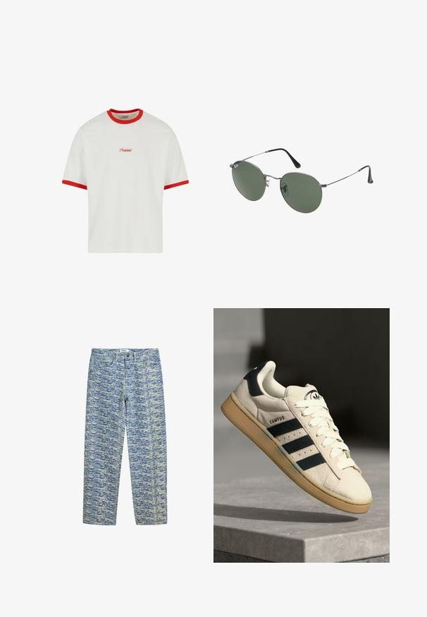 Valge T-särk punase soonikuga kaeluses ja mansettides. Esiküljel on punane broderie sõnumiga "Keelatud". Kastja lõige, lühikesed varrukad.; Heledad sinine denim püksid, millel on tekstureeritud lainekuju muster tumedama sinise ja kreemika värviga. Omavad standardset viie taskuga disaini ja esist nööbiklõpsu.; Beež nahast tossud kolme tumesinise triibuga, valged nöörid ja pruun kummitald. Omab logo keelel ja teksti "CAMPUS".; Metallist raamistikuga prillid ovaalsete roheliste läätsedega. Õhuke hõbedane metallraam ja mustad kõrvakatted. Minimalistlik disain, nähtavad logod puuduvad.