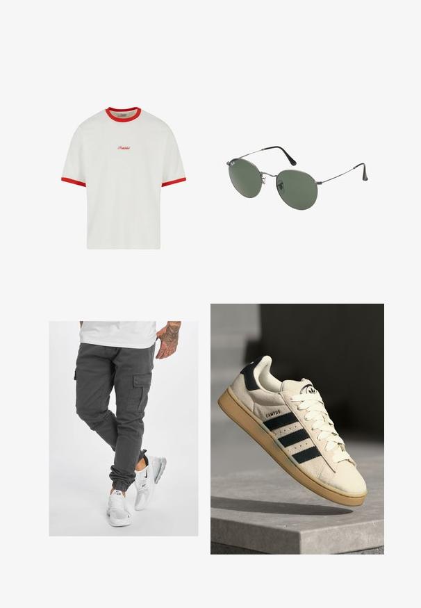 Weißes T-Shirt mit rotem, geripptem Kragen und Ärmeln. Mit dem Schriftzug "Verboten" in roter Stickerei auf der Vorderseite. Boxy-Schnitt, kurze Ärmel.; Graue Cargo-Hosen mit mehreren Taschen, schmal zulaufendem Bein und verstellbaren Bündchen, kombiniert mit weißen Sneakers mit schwarzen Akzenten und transparenten Sohlen.; Beige Wildledersneaker mit drei dunkelblauen Streifen, weißen Schnürsenkeln und einer tannfarbigen Gummisohle. Verfügt über ein Logo auf der Zunge und den Text "CAMPUS".; Metallgestellte Sonnenbrille mit ovalen grünen Gläsern. Dünner silberner Metallrahmen und schwarze Ohrstücke. Minimalistisches Design, keine sichtbaren Logos.
