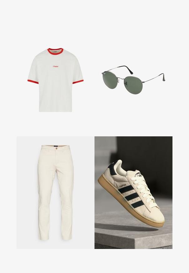 Biała koszulka z czerwonym prążkowanym kołnierzykiem i mankietami. Posiada wyszyty na czerwono napis "Zabronione" na środku przodu. Prosty krój, krótkie rękawy.; DOCKERS - Chinosy; Beżowe zamszowe sneakersy z trzema ciemnoniebieskimi paskami, białymi sznurówkami i brązową kauczukową podeszwą. Zawierają logo na języku oraz tekst "CAMPUS".; Okulary przeciwsłoneczne z metalową ramą i owalnymi zielonymi soczewkami. Cienka srebrna metalowa rama i czarne końcówki zauszników. Minimalistyczny design, bez widocznych logo.