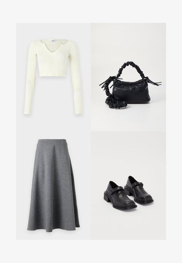 Kratka majica iz off-white pletenine. Dolgi rokavi z rebrastim vzorcem in manjšimi izrezi okoli izreza.; Siva, kratek krilo do kolen, izdelano iz mehkega, elastičnega materiala, z razširjenim dizajnom in elastičnim pasom za udobje.; Črne usnjene čevlje z zaobljenim nosom, ravnim podplatom in trakcem z zaponko. Debel blokasti petnik za dodatno stabilnost.; Črna torbica iz umetnega usnja s krokodilovo teksturo, z zvitim vrhom in zmečkano naramico. Zdi se mehka in kompaktna v oblikovanju.