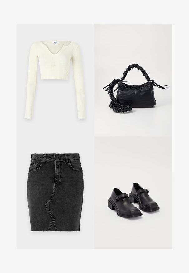 Kreemjas trikotaažist lühike topp. Pikad varrukad, millel on ribakujuline tekstiil ja väikesed lõikeavad kaeluse ümber.; Kõrge vöökohaga must denim seelik, millel on ainulaadne asümmeetriline disain, kulunud ääred ja klassikaline viie tasku stiil.; Mustad mustad jalanõud ümmarguse varbaga, tasase tallaga ja kinnitusega rihmaga, millel on pandla detail. Suure plokknina, mis tagab lisastabiilsuse.; Must must sünteetilisest nahast käekott, millel on krokodillimuster, kokku tõmmatav ülaosa ja kortsus rihm. Tundub pehme ja kompaktne disain.