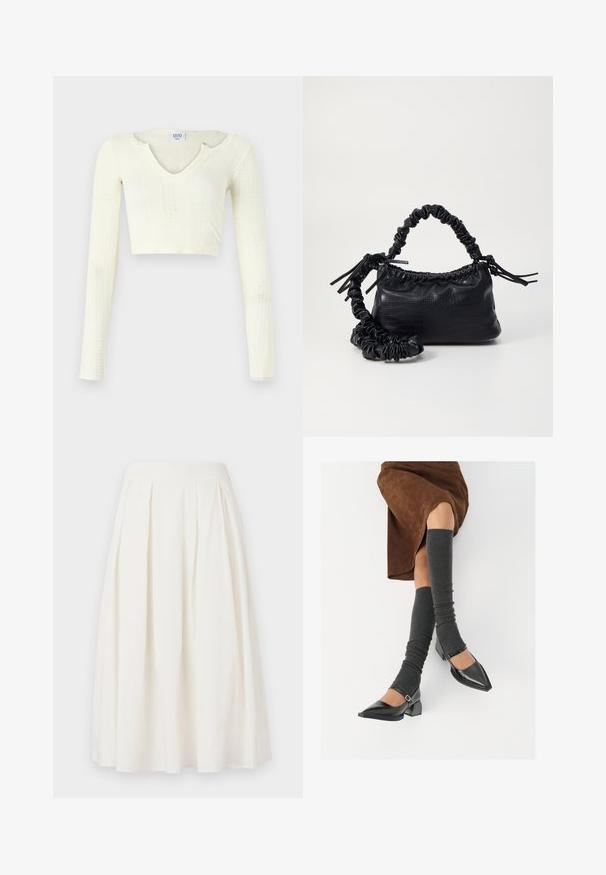 Crop top van off-white gebreid materiaal. Lange mouwen met ribbeltextuur en kleine uitsnijdingen rond de halslijn.; Witte geplooide rok van katoen, met een middellange stijl, een gladde tailleband en een A-lijn silhouet.; Zwarte gepatineerde leren pumps met een puntige neus, een blokhak en een enkelbandje, gecombineerd met grijze geribde beenwarmers en een bruine suède rok.; Zwarte nepleer handtas met een krokodillenstructuur, opgedroogde bovenkant en een gekreukte hengsel. Het lijkt zacht en compact van ontwerp.