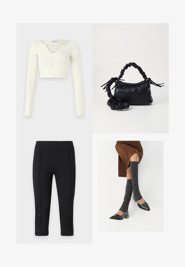 Off-white kötött anyagú crop top. Hosszú ujjak, bordás textúrával és kis kivágásokkal a nyakkivágás körül.; Fekete capri nadrág rugalmas anyagból, sima textúrával, illeszkedő derékkal és varrás részletekkel az elején.; Fekete lakk bőrből készült, hegyes orrú cipők, tömbsarkúakkal és bokapánttal, szürke bordás lábszármelegítőkkel és barna velúr szoknyával párosítva.; Fekete műbőr kézi táska krokodil bőr textúrával, összehúzható tetejű és gyűrt pánttal. Lágy és kompakt dizájnúnak tűnik.