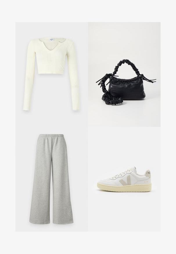 Kratki top od pamučne pređe u off-white boji. Dugi rukavi s rebrastom teksturom i malim izrezima oko dekoltea.; Svijetlosivi široki hlače s elastičnim pojasom, izrađene od mekanog, rastezljivog materijala, s bočnim prorezima za dodatnu prozračnost i udobnost.; Bijele kožne tenisice s bež nubuk naglascima, perforiranim prednjim dijelom, ravnim čipkama i teksturiranom kremastom potplatom. Sadrži suptilni brend na pete.; Crna torba od umjetne kože s teksturom krokodila, s cinčanim vrhom i naboranom trakom. Izgleda mekano i kompaktno u dizajnu.