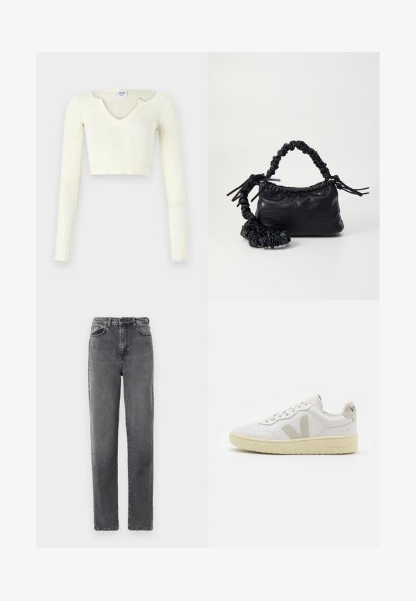 Pruhovaný crop top z off-white pleteniny. Dlhé rukávy s rebrovanou textúrou a malými výrezmi okolo výstrihu.; Džínsy z šedej denimu s vysokým pásom a rovnými nohavicami, so zapínaním na predný gombík a zips, predné a zadné vrecká.; Biele kožené tenisky s béžovými semišovými akcentmi, perforovanou špičkou, plochými šnúrkami a textúrovanou krémovou podrážkou. Obsahujú jemné označenie na päte.; Čierna umelá kožená kabelka s kroko vzorom, sťahovaným vrchom a zhnutým popruhom. Vyzerá mäkko a kompaktné v dizajne.