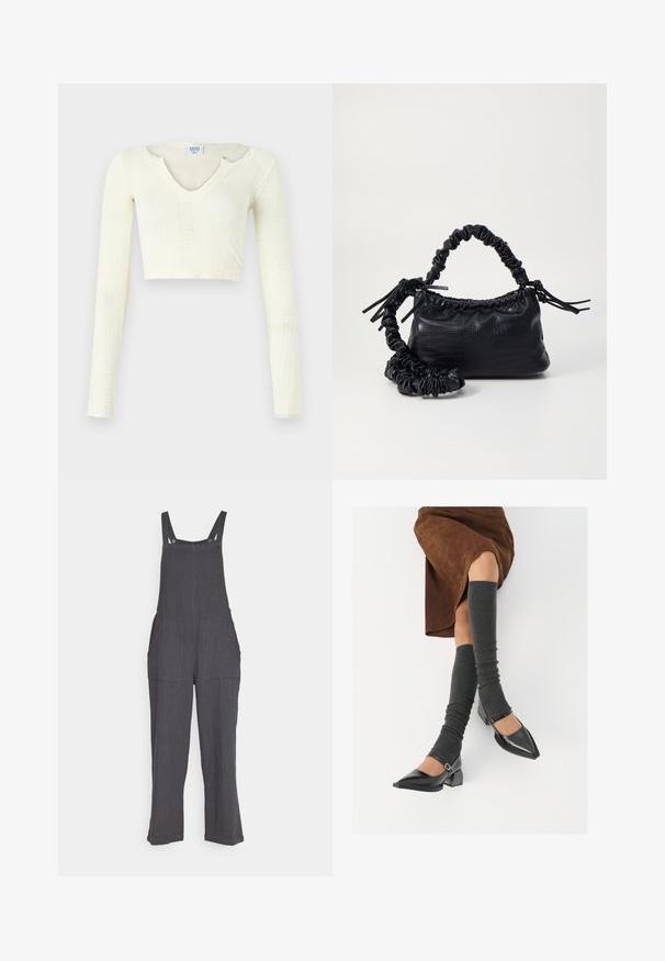 Crop top van off-white gebreid materiaal. Lange mouwen met ribbeltextuur en kleine uitsnijdingen rond de halslijn.; Grijze linnen salopettes met brede benen, verstelbare banden en twee grote voorkeifen. Kenmerkt zich door een gestructureerde stof en drukknopen.; Zwarte gepatineerde leren pumps met een puntige neus, een blokhak en een enkelbandje, gecombineerd met grijze geribde beenwarmers en een bruine suède rok.; Zwarte nepleer handtas met een krokodillenstructuur, opgedroogde bovenkant en een gekreukte hengsel. Het lijkt zacht en compact van ontwerp.