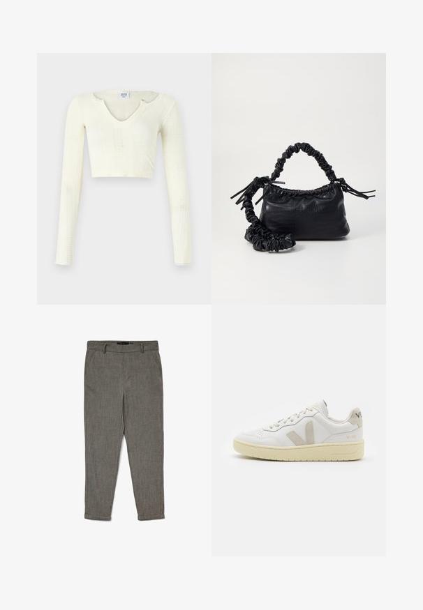 Top typu crop w off-white dzianinie. Długie rękawy o prążkowanej teksturze oraz małe wycięcia wokół dekoltu.; Męskie szare eleganckie spodnie o tapered kroju z paskiem, kieszeniami bocznymi i mankietami, wykonane z teksturowanej tkaniny.; Białe skórzane trampki z beżowymi zamszowymi akcentami, perforowanym noskiem, płaskimi sznurowadłami i teksturowaną kremową podeszwą. Posiadają subtelne logo na pięcie.; Czarna torebka z syntetycznej skóry o teksturze krokodyla, z zaciąganym górnym zamknięciem i marszczonym paskiem. Wygląda na miękką i zwartą w designie.