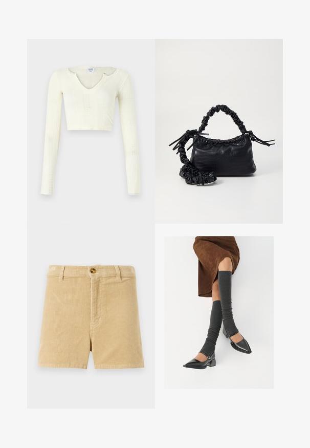 Kratka majica iz off-white pletenine. Dolgi rokavi z rebrastim vzorcem in manjšimi izrezi okoli izreza.; Khaki kordurojske kratke hlače z teksturiranim žeblastim vzorcem, ki imajo sprednji gumb in dva stranska žepa. Klasična ravna zasnova.; Črne lakirane čevlje s pointy prsti in blok peto ter z naramnicami za gleženj, ki jih kombiniramo s sivimi rebrastimi nogavicami in rjavim suknjičem iz usnja.; Črna torbica iz umetnega usnja s krokodilovo teksturo, z zvitim vrhom in zmečkano naramico. Zdi se mehka in kompaktna v oblikovanju.