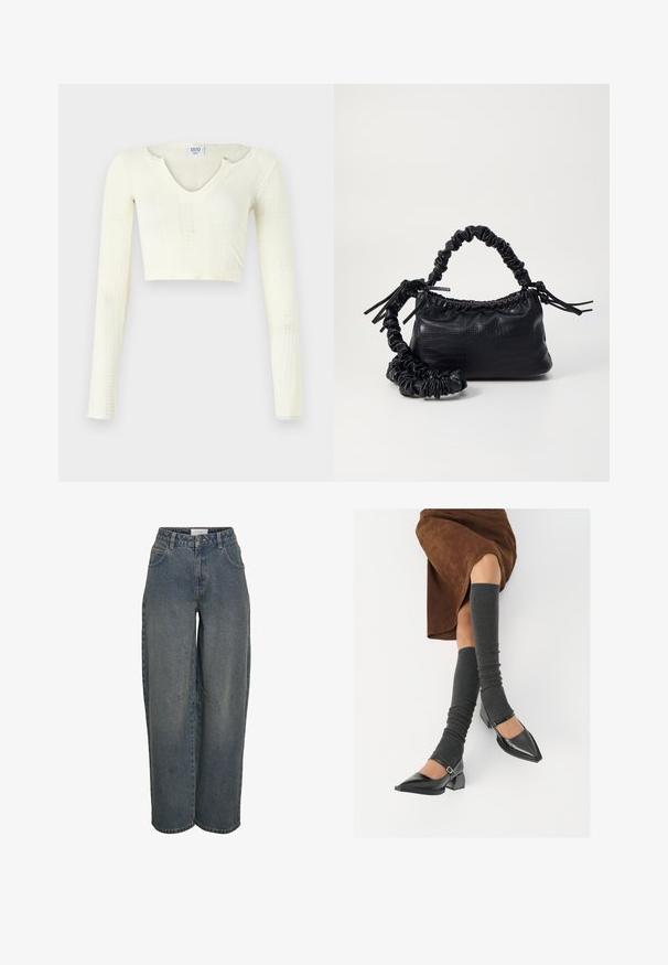 Kratký top v off-white pleteném materiálu. Dlouhé rukávy s ribbenou strukturou a malými výřezy kolem výstřihu.; Široké denimové džíny v tmavě modré barvě, vyrobené z texturované bavlny. Mají přední kapsy a zapínání na zip s knoflíkovým uzávěrem.; Černé lakované boty s špičatou špičkou, blokovým podpatkem a kotníkovým páskem, spárované s šedými žebrovanými návleky na nohy a hnědskou sukní z semiše.; Černá kabelka z umělé kůže s krokodýlím vzorem, staženým vrškem a zmačkaným popruhem. Zdá se, že má měkký a kompaktní design.