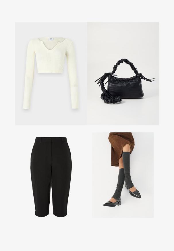 Off-white kötött anyagú crop top. Hosszú ujjak, bordás textúrával és kis kivágásokkal a nyakkivágás körül.; Fekete capri nadrág sima textúrával, igényes szabással, lapos elülső résszel és fodros szegésekkel. Nincsenek látható zsebek vagy díszítések.; Fekete lakk bőrből készült, hegyes orrú cipők, tömbsarkúakkal és bokapánttal, szürke bordás lábszármelegítőkkel és barna velúr szoknyával párosítva.; Fekete műbőr kézi táska krokodil bőr textúrával, összehúzható tetejű és gyűrt pánttal. Lágy és kompakt dizájnúnak tűnik.