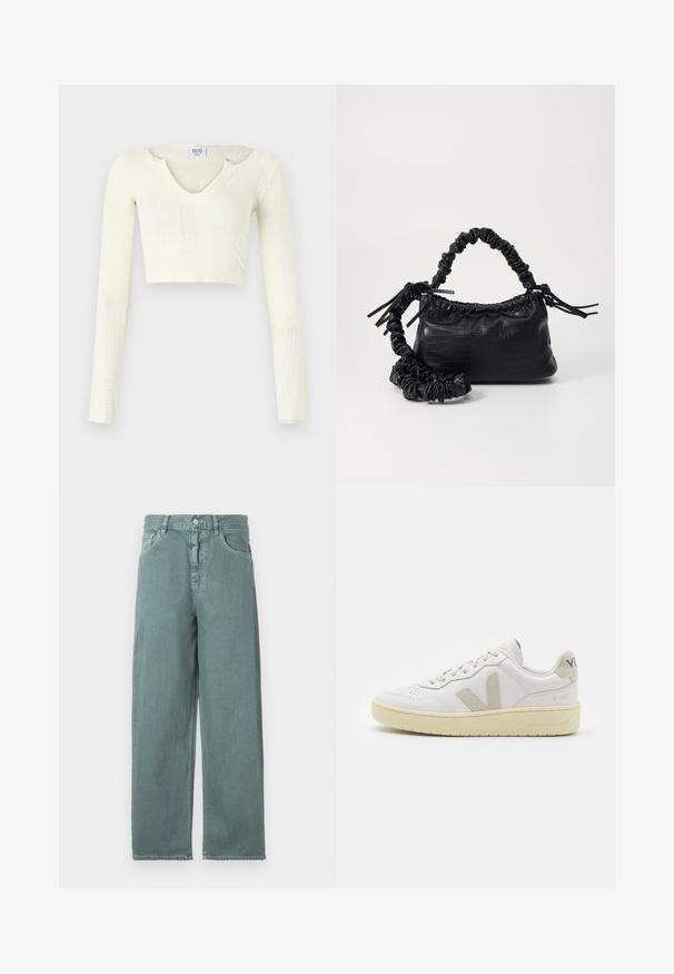 Crop top in off-white knit material. Long sleeves with ribbed texture and small cut-out details around the neckline.; Light green wide-leg jeans featuring a button closure, four pockets, and subtle stitching details, with a smooth cotton fabric texture.; White leather sneaker with beige suede accents, perforated toe box, flat laces, and a textured cream sole. Features subtle branding on heel.; Black faux leather handbag with a crocodile texture, cinched top, and a scrunched strap. Appears soft and compact in design.