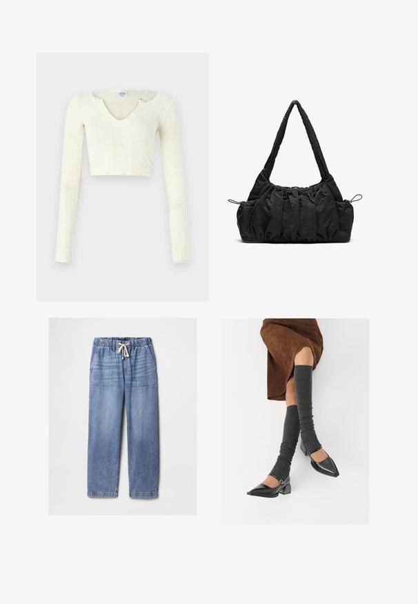 Top crop em material de malha off-white. Mangas longas com textura canelada e pequenos recortes à volta do decote.; Calças de ganga azul claro com cintura elástica e cordão branco, apresentando bolsos frontais e pernas retas.; Sapatos pretos de pele lacada com biqueira pontuda, salto bloco e tiras no tornozelo, combinados com caneleiras cinzas em malha e uma saia de camurça castanha.; Mala de tecido preto com textura franzida, duas alças de ombro e fecho de cordão nas laterais. Material suave e leve.