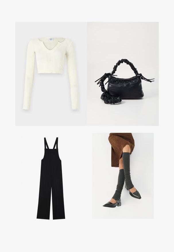 Kort top i off-white strikmateriale. Lange ærmer med ribbet struktur og små udskæringer omkring halsudskæringen.; Sorte overalls lavet af blødt stof, med brede ben, to frontlommer og justerbare skulderstropper med knapbeslag.; Sorte patenterede lædersko med spids tå, blokhæl og ankelrem, kombineret med grå ribbede benvarmere og en brun ruskinds nederdel.; Sort kunstlæder håndtaske med krokodilteksur, indsnøret top og en sammenkrøben rem. Ser blød og kompakt ud i designet.