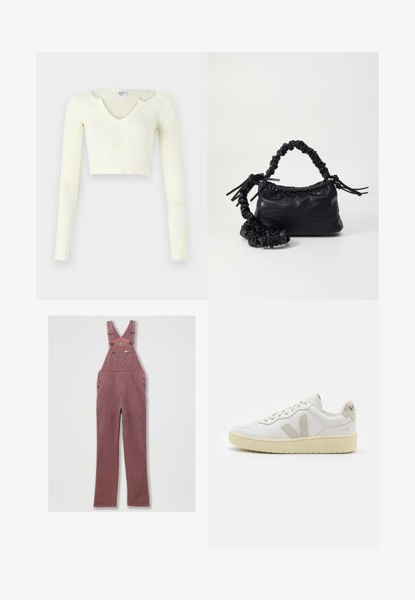 Kreemjas trikotaažist lühike topp. Pikad varrukad, millel on ribakujuline tekstiil ja väikesed lõikeavad kaeluse ümber.; Punase triibulised denim üleüldiselt, millel on reguleeritavad õlapaelad, suur esi-tasku ja küljetaskud. Omab metallist detaile ja tikkitud serva.; Valge nahast tenniseking, millel on beežist siidist aktsent ja aukudega varvas, lame paelad ja tekstureeritud koorevärvi tallad. Omab nüansirikast brändimist kannal.; Must must sünteetilisest nahast käekott, millel on krokodillimuster, kokku tõmmatav ülaosa ja kortsus rihm. Tundub pehme ja kompaktne disain.