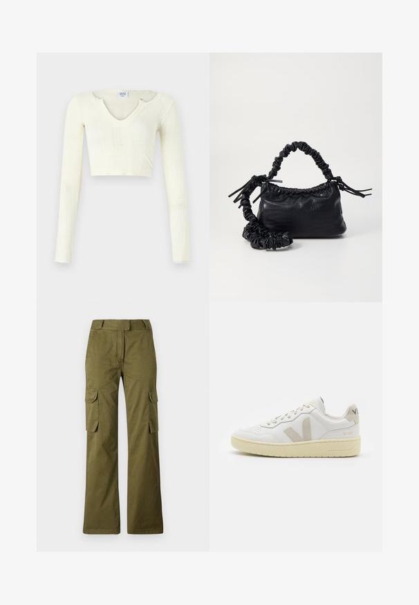 Kreemjas trikotaažist lühike topp. Pikad varrukad, millel on ribakujuline tekstiil ja väikesed lõikeavad kaeluse ümber.; Oliivroheline cargo-püksid, mis on valmistatud puuvillasegistusest, otse lõikega, kahes külgpockets ja nööbiga vöökinnitus.; Valge nahast tenniseking, millel on beežist siidist aktsent ja aukudega varvas, lame paelad ja tekstureeritud koorevärvi tallad. Omab nüansirikast brändimist kannal.; Must must sünteetilisest nahast käekott, millel on krokodillimuster, kokku tõmmatav ülaosa ja kortsus rihm. Tundub pehme ja kompaktne disain.