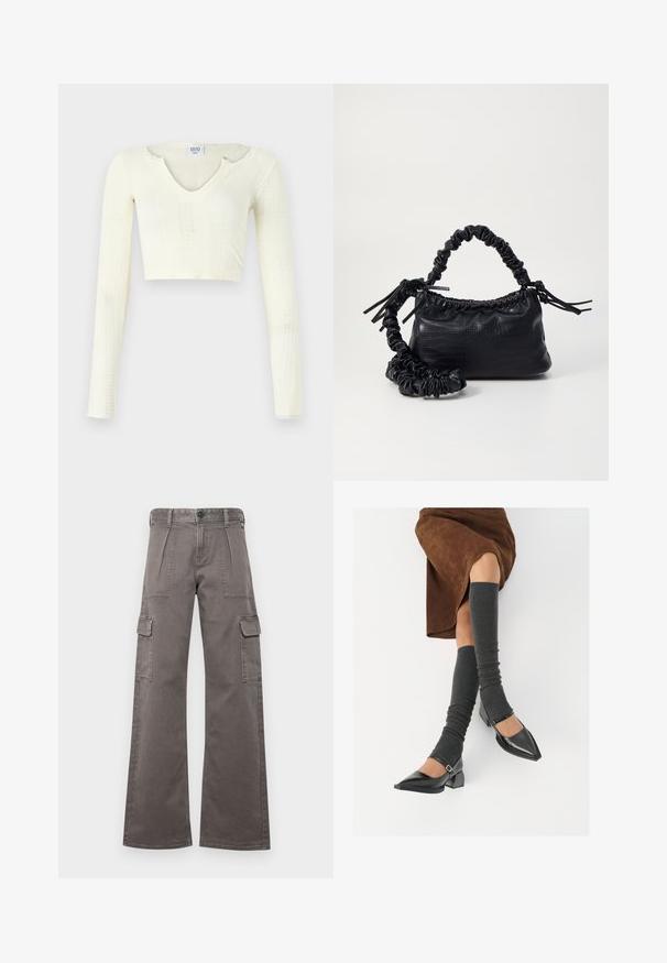 Kort topp i off-white stickad material. Långa ärmar med ribbad struktur och små utskärningar runt halsringningen.; Cargo-byxor i grå nyans med breda ben, framvikt och två sidofickor för cargo. Tillverkade av ett hållbart tyg med subtil textur.; Svarta lackläderskor med spetsig tå, blockklack och ankelrem, i kombination med grå ribbade benvärmare och en brun mockakjol.; Svart faux läderhandväska med krokodiltextur, snodd topp och en skrämd rem. Ser mjuk och kompakt ut i designen.