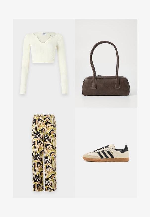 Crop-Top aus cremefarbenem Strickmaterial. Lange Ärmel mit gerippter Textur und kleinen Aussparungen am Kragen.; Weite Hosen mit einem tropischen Blattmuster in Grün, Schwarz und Braun, aus leichtem Stoff mit einem elastischen Bund.; Beige Sport Schuh mit schwarzen Streifen, Gummisohle und schwarzen Akzenten. Verfügt über ein Obermaterial aus glattem Leder und ein rundes Zehendesign.; Braune Lederhandtasche mit zwei stabilen Griffen, rechteckiger Form, glatter Oberfläche und Reißverschluss. Minimalistisches Design ohne sichtbare Muster.