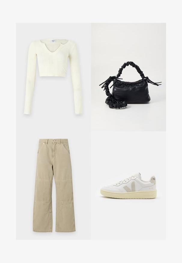 Crop-Top aus cremefarbenem Strickmaterial. Lange Ärmel mit gerippter Textur und kleinen Aussparungen am Kragen.; Beige gerade geschnittene Hose mit verstärkten Knieflicken, Vorder- und Gesäßtaschen, Gürtelschlaufen und Knopfverschluss am Bauch.; Weiße Ledersneaker mit beigen Wildlederakzenten, perforierte Zehenbox, flache Schnürsenkel und eine strukturierte cremefarbene Sohle. Mit dezentem Branding an der Ferse.; Schwarze Handtasche aus Kunstleder mit Krokodilstruktur, gerafftem oberen Teil und einem geschoppten Tragegurt. Sie wirkt weich und kompakt im Design.