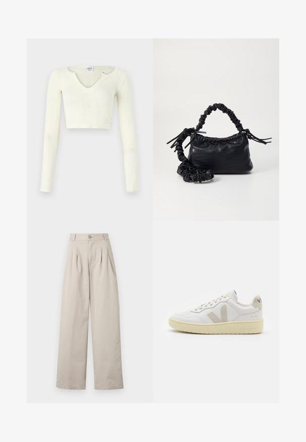 Crop top in off-white knit material. Long sleeves with ribbed texture and small cut-out details around the neckline.; Beige wide-leg trousers made of cotton with front pleats, a button closure, belt loops, and a smooth texture.; White leather sneaker with beige suede accents, perforated toe box, flat laces, and a textured cream sole. Features subtle branding on heel.; Black faux leather handbag with a crocodile texture, cinched top, and a scrunched strap. Appears soft and compact in design.