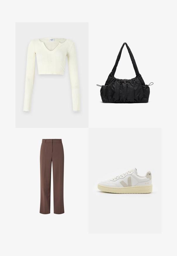 Crop top van off-white gebreid materiaal. Lange mouwen met ribbeltextuur en kleine uitsnijdingen rond de halslijn.; Bruine hoge taille op maat gemaakte broeken met riemlussen en een rits aan de voorkant, met een rechte pijpfit.; Witte leren sneaker met beige suède accenten, geperforeerde neus, platte veters en een gestructureerde crèmekleurige zool. Heeft subtiele branding op de hak.; Zwarte stoffen handtas met gerimpelde textuur, twee schouderbanden en een trekkoordsluiting aan de zijkanten. Glad, lichtgewicht materiaal.
