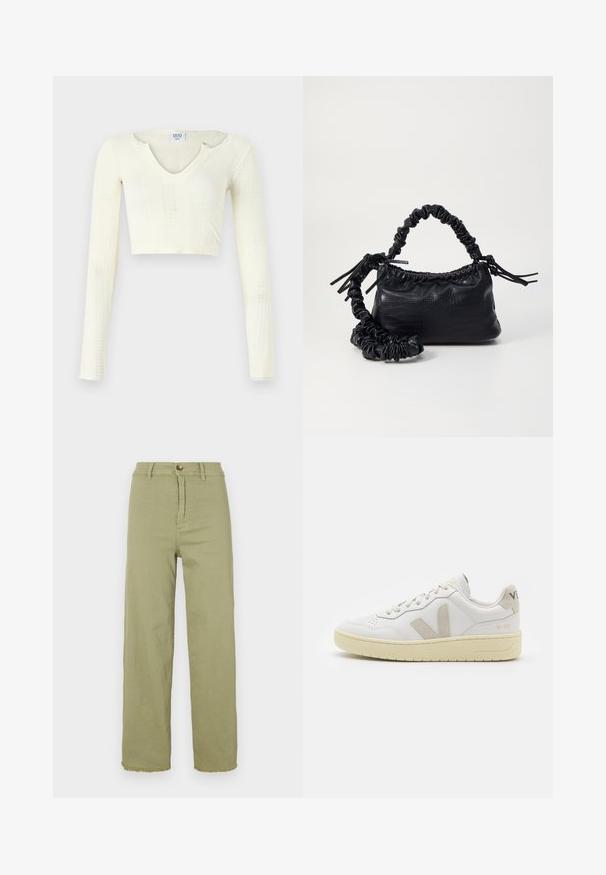 Top typu crop w off-white dzianinie. Długie rękawy o prążkowanej teksturze oraz małe wycięcia wokół dekoltu.; Jasnozielone spodnie z wysokim stanem i prostymi nogawkami. Posiadają zapięcie na guzik i postrzępione wykończenie. Wykonane z bawełnianej tkaniny o gładkiej fakturze.; Białe skórzane trampki z beżowymi zamszowymi akcentami, perforowanym noskiem, płaskimi sznurowadłami i teksturowaną kremową podeszwą. Posiadają subtelne logo na pięcie.; Czarna torebka z syntetycznej skóry o teksturze krokodyla, z zaciąganym górnym zamknięciem i marszczonym paskiem. Wygląda na miękką i zwartą w designie.