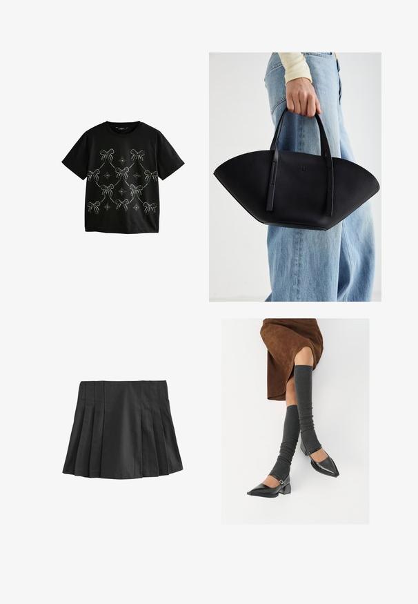 T-shirt nera a maniche corte con fiocchi in strass argento e motivi a stella disposti in un design drappeggiato sul davanti.; Gonna mini plissettata nera con vita elastica. Realizzata in tessuto morbido, presenta molteplici pieghe verticali per texture e design.; Scarpe nere in pelle verniciata con punta affilata, tacco a blocco e cinturino alla caviglia, abbinate a scaldamuscoli grigi a coste e una gonna in suede marrone.; Borsa a tracolla in pelle nera con una forma a ventaglio unica, dotata di manici piatti. La superficie presenta una texture a ciottoli e un design minimalista.