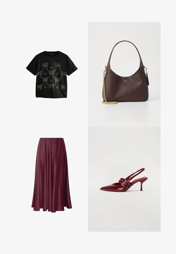 Czarny t-shirt z krótkimi rękawami, ozdobiony srebrnymi cyrkoniowymi kokardami oraz wzorami gwiazdek, rozmieszczonymi w układzie drapowanym na przodzie.; Burgundowa spódnica sięgająca do ziemi, wykonana z gładkiego, połyskliwego materiału o swobodnym kroju i elastycznej talii. Brak wzorów i zdobień.; Czerwone lakierowane czółenka na klocku z zaokrąglonym noskiem, dwoma paskami z klamrami oraz smukłym, średniej wysokości obcasem w stylu stiletto. Gładka tekstura.; COACH BROOKLYN ciemnobrązowy