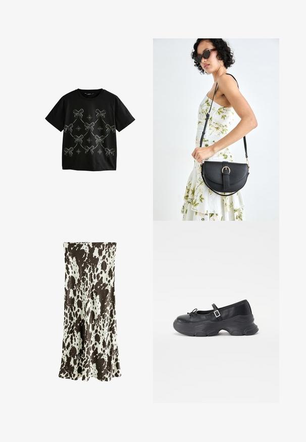 T-shirt nera a maniche corte con fiocchi in strass argento e motivi a stella disposti in un design drappeggiato sul davanti.; Gonna lunga realizzata in tessuto morbido, con motivo a macchie di mucca marroni e bianche, dal design fluido e orlo leggermente svasato.; Scarpa Mary Jane in pelle nera con punta arrotondata, dettaglio a fiocco e cinturino alla caviglia regolabile. Presenta una suola in gomma spessa con accenti curvi.; Borsa a tracolla nera in pelle con una forma curva, manico rimovibile e accessori dorati. La borsa presenta una patta con un dettaglio a fibbia.