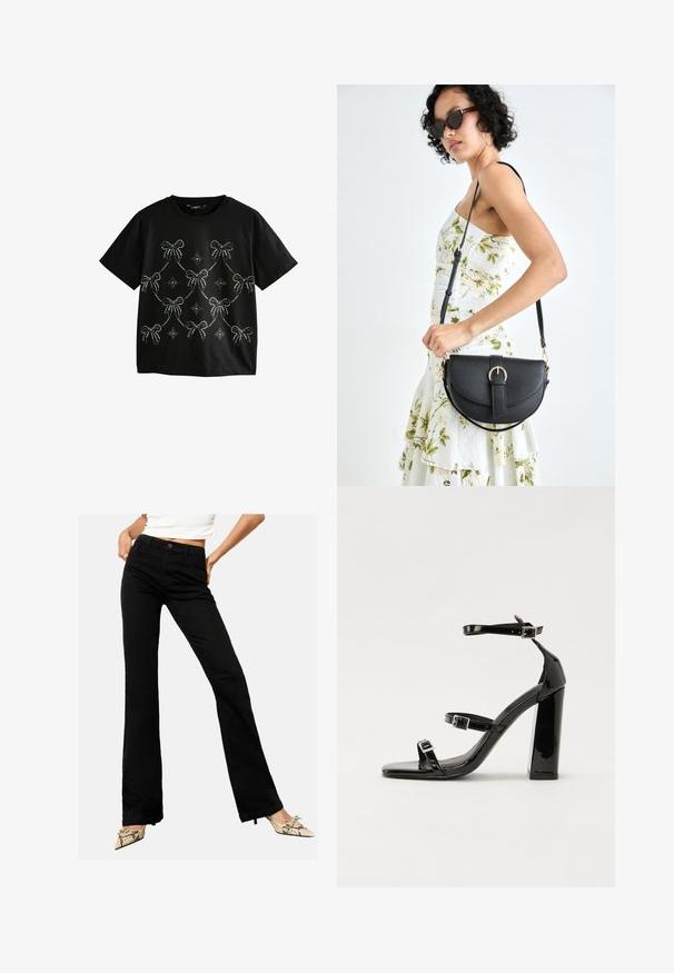 Czarny t-shirt z krótkimi rękawami, ozdobiony srebrnymi cyrkoniowymi kokardami oraz wzorami gwiazdek, rozmieszczonymi w układzie drapowanym na przodzie.; Czarne dzwonowate dżinsy wykonane z denimu, z zapięciem na guzik z przodu i pięcioma kieszeniami, zaprezentowane na neutralnym tle.; Czarne lakierowane sandały na wysokim obcasie, z dwoma paskami zapinanymi na klamry, kwadratowy nosek i masywny obcas typu słupek, o gładkiej, błyszczącej fakturze.; Czarna skórzana torebka o zakrzywionym kształcie, z odpinanym paskiem i złotymi akcentami. Torebka posiada klapę z zapięciem w kształcie klamry.