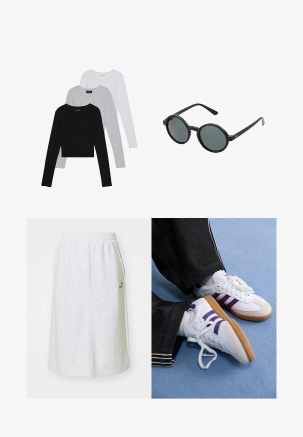 Tres camisetas de manga larga apiladas: negra, gris y blanca. Cada una tiene un escote redondo y un diseño recortado con una tela suave y ligera.; Falda sudadera gris claro con cintura elástica, bolsillos laterales y un pequeño logo dorado en la parte frontal. Tejido suave y texturizado.; Zapatillas deportivas blancas con rayas moradas y suelas de goma marrón, con cordones redondos y un cuello acolchado. Llevadas con pantalones de mezclilla oscuros.; Gafas de sol redondas con montura de plástico negro y lentes gris oscuro. Presentan varillas delgadas y rectas con acentos minimalistas.