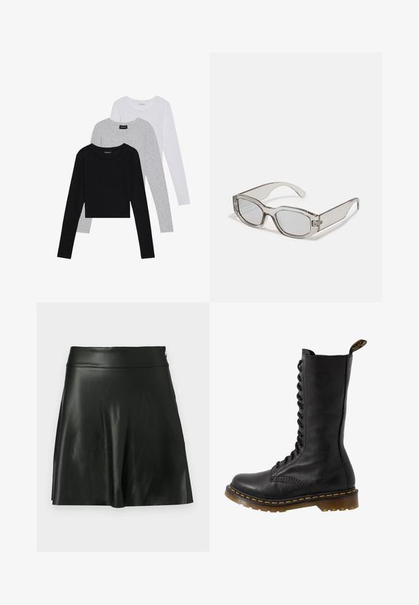 Trijų ilgomis rankovėmis marškinėlių krūva: juodas, pilkas ir baltas. Kiekvienas turi apvalų iškirpimą ir trumpą dizainą, pagamintas iš lygaus, lengvo audinio.; Juodas dirbtinės odos A formos sijonas su lygiu paviršiumi, plačiu juosmeniu ir platėjančiu apvadu, pasižymintis subtiliu blizgesiu ir be matomų detalių.; Juodas odinis batus su raišteliais, aukšta aulo ir apvali koja, su tekstūruota paviršiumi. Yra kontrastuojančio geltono siuvimo ir tvirta padas.; Pilki skaidrūs saulės akiniai su stačiakampio forma, plokščiomis lęšių ir storomis kojelėmis. Yra subtilus vyrių detalė ant šventyklų.