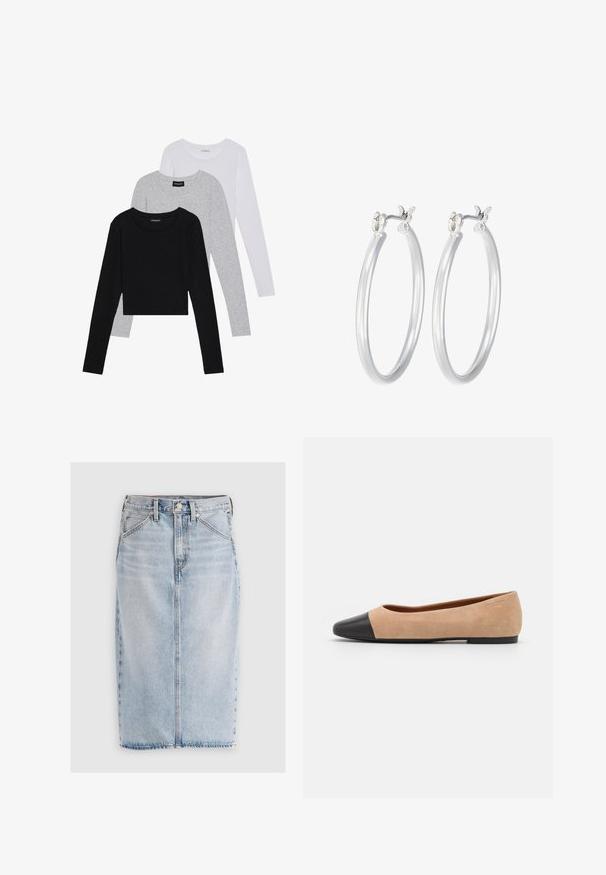 Kolme pitkähihasta paita päällekkäin: musta, harmaa ja valkoinen. Jokaisessa on pyöreä pääntie ja lyhennetty muotoilu, jossa on sileä ja kevyt kangas.; Vaaleansininen farkuhame midi-pituudella, suoran leikkauksen omaava, etutaskut ja revitty helmavaatimus. Varustettu vyölenkeillä ja keskeisellä etusauman yksityiskohdalla.; Beige mokkasiner i semsket skinn med svart lær ved tuppen, lav hæl og glatt tekstur, med minimal søm og et rent design.; Hope-silver rengas, joissa on sileä ja kiillotettu pinta. Pyöreä muoto ja turvallinen napsautettava lukitus. Kevyt muotoilu sopii päivittäiseen käyttöön.