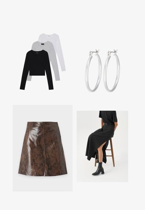 Trīs garām piedurknēm veidotas augšdaļas, sakrautās: melna, pelēka un balta. Katram ir noapaļots kakla izgriezums un īsa dizaina forma ar gludu, vieglu audumu.; Brūna mini svārku ar mākslīgu čūskas rakstu un spīdīgu, teksturētu virsmu; tam ir pieguļošs viduklis un tas ir veidots ar gludu siluetu.; Melna lina maxi svārki ar augstu šķēlumu, valkāti ar melnu T-kreklu un melniem potīšu zābakiem. Minimālistisks dizains ar brīvu piegriezumu.; Sudraba riņķveida auss gredzeni ar gludu, pulētu apdari. Apaļa forma un drošs klikšķa augšējais slēgums. Viegls dizains, kas piemērots ikdienas valkāšanai.