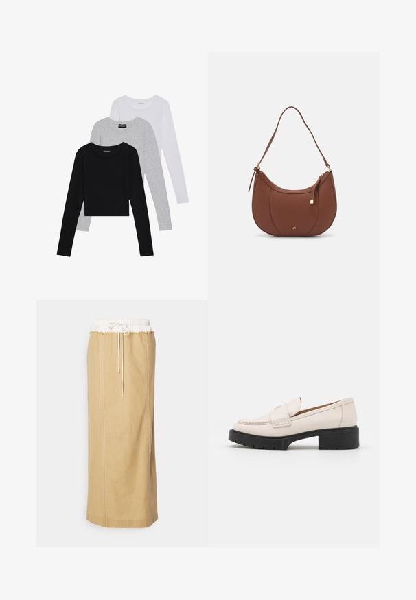 Trzy bluzki z długim rękawem ułożone jedna na drugiej: czarna, szara i biała. Każda z okrągłym dekoltem i skróconym fasonem, wykonana z gładkiego, lekkiego materiału.; Długa beżowa lniana spódnica z elastycznym białym pasem, z zamknięciem na sznurek i kontrastowym przeszyciem po bokach.; Jasno beżowe skórzane mokasyny z haftowanym przodem i teksturowanym czarnym obcasem. Charakteryzują się zaokrąglonym kształtem i lekkim podniesieniem.; Brązowa torebka na ramię z eko-skóry o zaokrąglonym kształcie, z minimalnym przeszyciem i złotym akcentem na okuciach. Posiada zamek błyskawiczny u góry oraz regulowany pasek.; Srebrne kolczyki w formie kółek o gładkim, polerowanym wykończeniu. O okrągłym kształcie i pewnym zapięciu na klik. Lekka konstrukcja odpowiednia do codziennego noszenia.