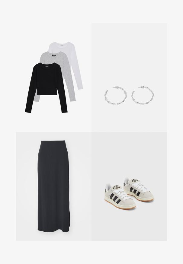 Drie langmouwige tops gestapeld: zwart, grijs en wit. Elke top heeft een ronde halslijn en een cropped ontwerp van soepel, lichtgewicht materiaal.; Weekday SIGNE DRAPY SKIRT - A-lijn rok - black; Grijze nubucklederen sneakers met witte veters, zwarte strepen en een witte rubberen zool. Bevat een rond logo op de tong en een gumzool.; Zilveren creolen met een gedraaide ontwerp, voorzien van een gepolijste afwerking en een post-back sluiting. Meet ongeveer 3 cm in diameter.
