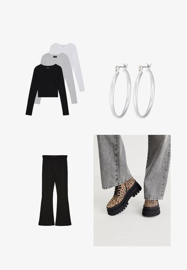 Kolme pitkähihasta paita päällekkäin: musta, harmaa ja valkoinen. Jokaisessa on pyöreä pääntie ja lyhennetty muotoilu, jossa on sileä ja kevyt kangas.; Mustat leveät legginsit, jotka on valmistettu joustavasta kankaasta. Niissä on leveä vyötärö ja sileä pinta, sekä vartalonmyötäinen leikkaus, joka levenee helmassa.; Steve Madden COAST - Nauhalliset nilkkurit - brown/multi-coloured; Hope-silver rengas, joissa on sileä ja kiillotettu pinta. Pyöreä muoto ja turvallinen napsautettava lukitus. Kevyt muotoilu sopii päivittäiseen käyttöön.