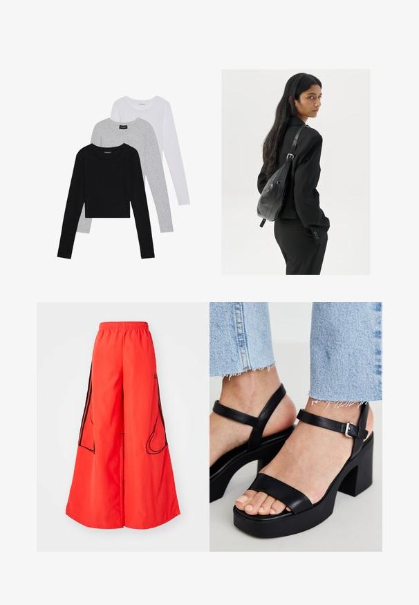 Three long-sleeve tops stacked: black, grey, and white. Each has a round neckline and a cropped design with smooth, lightweight fabric.; Red wide-leg trousers feature an elastic waistband, contrasting black side stripes, and two external pockets with curved openings.; ALDO CELIE - High heeled sandals - black; Woman with long dark hair wearing a black suit, carrying a black leather shoulder bag, looking over her shoulder against a white background.