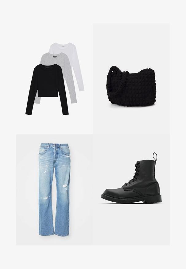 Kolm pikkade varrukatega toppi, mis on üksteise peale asetatud: must, hall ja valge. Igal ühel on ümar kaelus ja lühike disain, valmistatud siledast, kergekaalulisest kangast.; Sinine denim sirge jalaga teksapüksid, millel on kulumisjäljed, kahvatu pesu, viie taskuga disain ja metallist riidest lõpp käepideme juures.; Mustad mustavi combat kingad ümmarguse varbaga, paeltega esiosa ja säärel tõmbeaas. Omab paksu kummist tallat, mis tagab vastupidavuse.; Must mustkott, millel on tekstuuriga tikitud muster. Ümar kuju, lühikesed ja jämedad sangad ning pehme, paindlik struktuur.