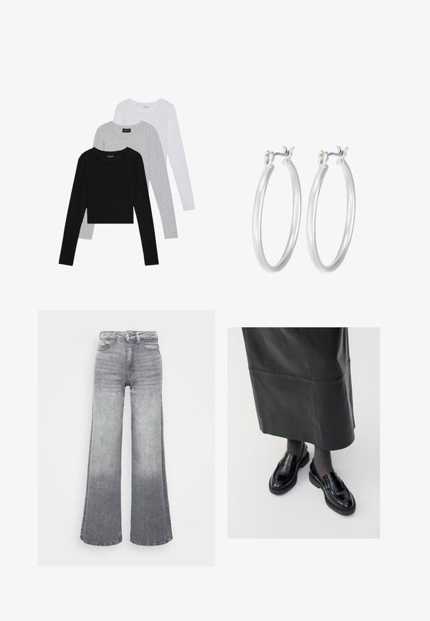 Tri dugih rukava posložena: crna, siva i bijela. Svaka ima okrugli izrez i skrateni kroj s glatkom, laganom tkaninom.; Sive traperice širokog kroja s gradijentom od svijetle do tamne boje, s visokim strukom, dizajnom s pet džepova i klasičnim zatvaranjem na gumb.; Crne kožne mokasine s glatkom završnom obradom, s dekorativnom trakicom, okruglim vrhom i teksturiranom potplatom. Nosi se s dugom crnom kožnom suknjom.; Srebrne kružne naušnice s glatkom, poliranom površinom. Okrugli oblik i sigurno kopčanje na klik. Lagani dizajn pogodan za svakodnevno nošenje.