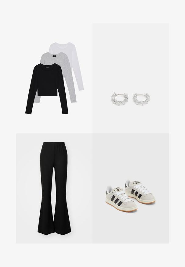 Tri dolga rokava zložena: črna, siva in bela. Vsaka ima okroglo izreznico in skrajšan dizajn z gladkim, lahkotnim materialom.; Črne flared hlače z elastičnim pasom, narejene iz teksturiranega materiala. Hlače imajo oprijet zgornji del in široke, tekoče spodnje noge.; Sive športne čevlje iz semiša z belimi vezalkami, črnimi črtami in belim gumijastim podplatom. Imajo okroglo oznako na ježku in podplat iz gume.; Srebrni obročasti uhani, ki vsebujejo prozorne, pravokotne in trikotne kristale, razporejene v vzorčnem dizajnu. Imajo nastavke za varno pritrjevanje.