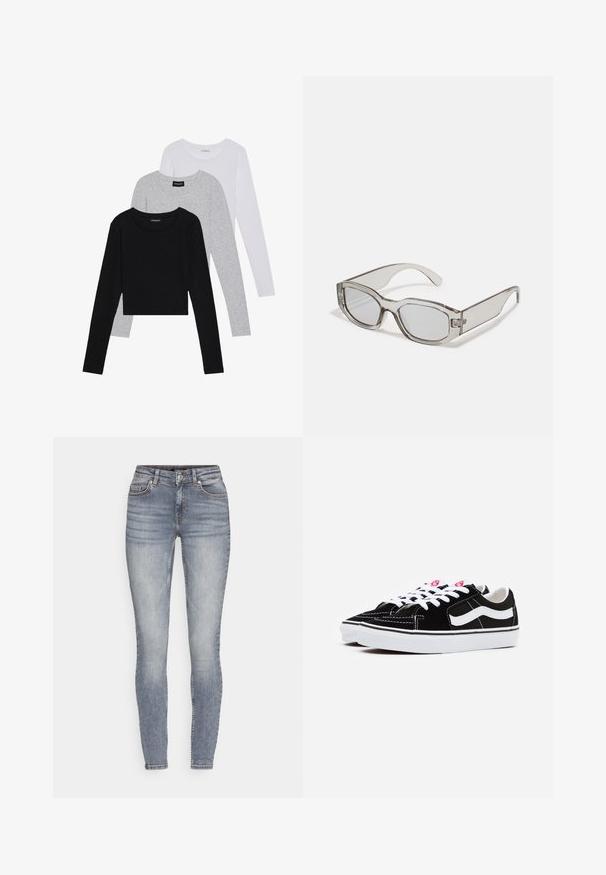 Három hosszú ujjú póló egymásra rakva: fekete, szürke és fehér. Mindegyiknek kerek nyaka van, és rövidített fazonnal rendelkezik, sima, könnyű anyagból készült.; Slim szabású, világoskék farmernadrág, enyhén megkopott felülettel, öt zsebes kialakítással és diszkrét varrásokkal. Övhurkokkal és cipzáros elülső zárással rendelkezik.; Fekete velúr sneaker fehér fűzőkkel, kiemelkedő fehér oldalsó csíkkal és fekete gumitalppal, amely kontrasztos varrási részletekkel rendelkezik.; Szürke áttetsző napszemüveg, téglalap alakú, lapos lencsékkel és vastag szárakkal. Finom fém részlet található a szemüveg templomain.