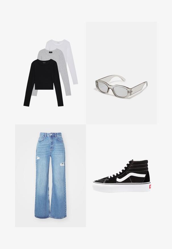 Trei bluze cu mânecă lungă așezate: neagră, gri și albă. Fiecare are un guler rotund și un design scurt, realizat dintr-un material fin și ușor.; Jeanși largi de culoare albastru deschis, din denim, cu talie înaltă, două rupturi la genunchi și un design clasic cu cinci buzunare.; Tenisi negri cu glezna înaltă, cu șireturi albe, un logo alb și cusături albe contrastante. Prezintă o talpă groasă albă și un exterior din nubuc texturat.; Ochelari de soare gri translucizi cu o formă rectangulară, lentile plate și brațe groase. Prezintă un detaliu subtil de balama pe tâmple.